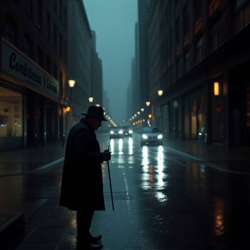 Still from the instructor's film City of Shadows, showing a detective standing in a rain-soaked street.